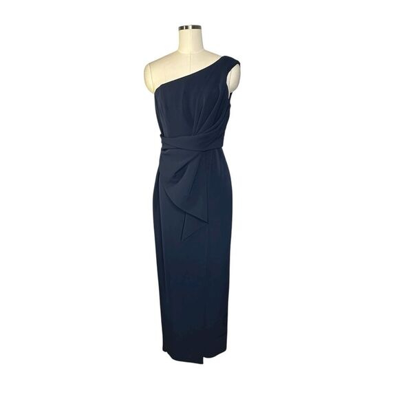 Eliza J Navy Blue Scuba Jersey Wrap Bow Front One Shoulder Gown | 6 - Picture 1 of 10